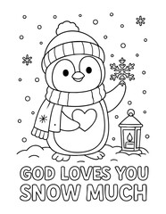 cute penguin smiling and holding a snowflake in a snowy christian winter scene with god loves you snow much text, vector coloring illustration for kids faith lessons and children christian education