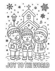 coloring page vector of three children singing christmas hymns before a church in winter with joy to the world message, christian kids illustration for sunday school and kids ministry