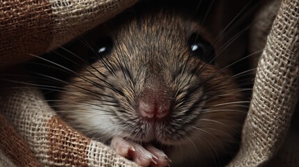 A small brown and white mouse is peeking out from behind a blanket. The mouse has a curious expression on its face, and it is enjoying the warmth and comfort of the blanket
