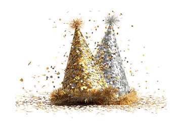 Shiny Silver and Gold Confetti Party Hat with Tinsel Fringe, isolated on a transparent background.