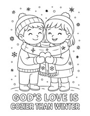 coloring page vector of two smiling kids hugging in a snowy christian winter scene with god&rsquo;s love is cozier than winter message, illustration for kids ministry and sunday school