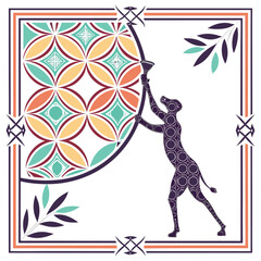 An ornate frame depicts a giraffe reaching toward a patterned circular design