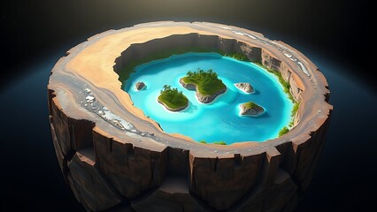 A cutaway Earth core reveals an azure ocean with floating islands, defying natural laws.