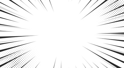 Obraz premium Black and White Comics background with speed or explosion effect. Comic halftone gradation gradient. Simple polka dots pattern. Dynamic motion in manga. Radial anime speed lines. Zoom effect for books