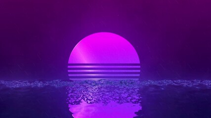 Neon purple sunset with horizontal lines over water on a retro animated