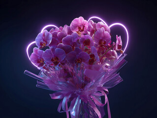Obraz premium High-def image of purple orchid bouquet in transparent vase against dark backdrop, illuminated by soft purple glow Bouquet and vase adorned with pink ribbons Close-up view from slight - AI-Generated
