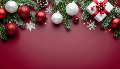 Merry Christmas decorative border with gifts, ornaments, and pine branches on a red background with a festive holiday theme.