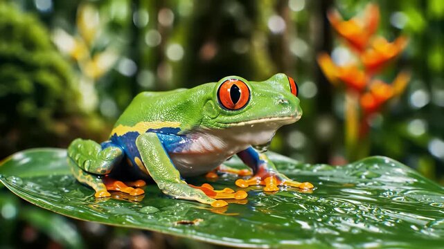 A serene redeyed frog perches on a lush leaf in a rain kissed jungle, conveying the concept of peaceful seclusion or sanctuary from daily life, perfect for backgrounds or overlays in cooking.