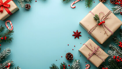 Merry Christmas gifts wrapped in brown paper with ribbons and bows, surrounded by festive holly, candy canes, and pinecones on a blue background with a joyful atmosphere.