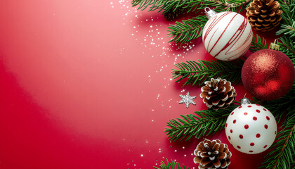 Close-up of Christmas ornaments and pine needles on a festive red background with a shallow focus, conveying a merry Christmas mood.