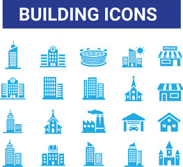 Building icon set.Building simple minimal thin line icons. Building web icons in line style.Containing house, office, bank, school, hotel, shop, university and hospital icons.