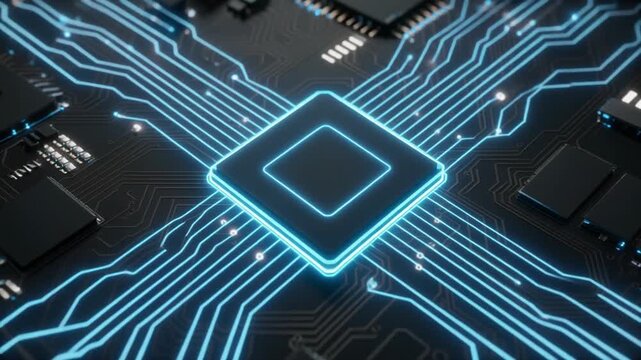 Futuristic animation of glowing circuit lines traveling rapidly across a dark motherboard surface, highlighting an SSD slot outline, neon blue and white energy pulses, smooth camera movement