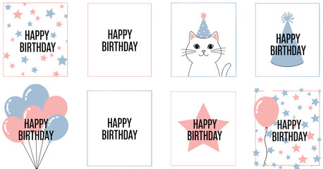 Cute Happy Birthday Vector Card Template Set: Pastel Pink and Blue Designs Featuring Balloons, Stars, Party Hats, and an Adorable White Cat for Invitations and Prints