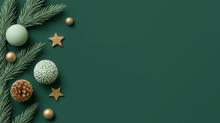 Minimalistic symmetrical composition with green background, golden stars, pine cones on left side, elegant festive design with ample text space for banner.