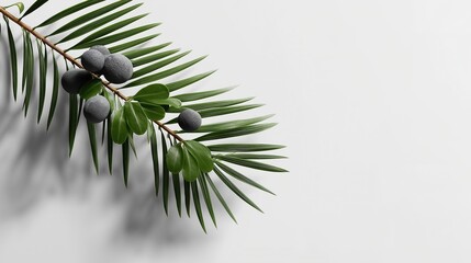 Palm branch with black berries on a white background, a minimalist spa and wellness concept for calming presentation design.