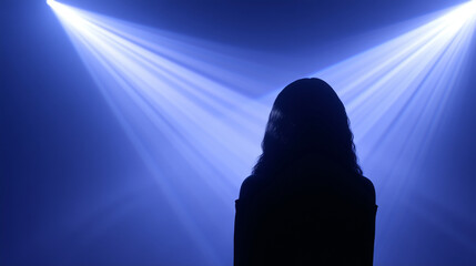 silhouette of a woman standing under vibrant neon 
 lights in a nightclub atmosphere, creating a cinematic mood perfect for music event posters, nightlife promotions, party banners 