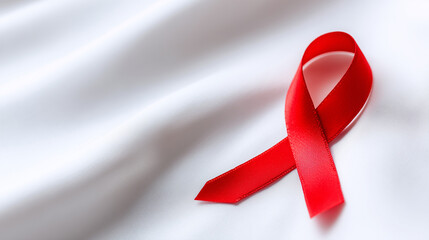 red awareness ribbon lying on soft white fabric with clean minimal composition, perfect for health campaigns, hiv awareness materials, charity posters, medical brochures and global support initiatives