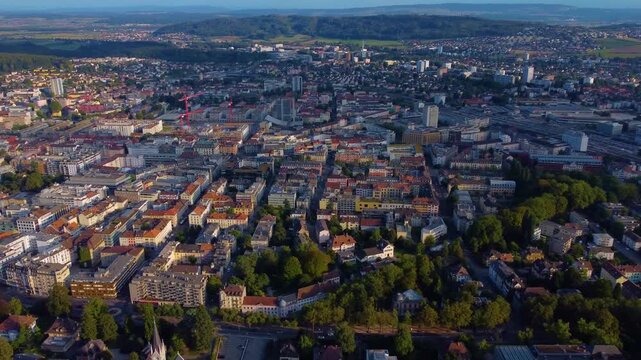 Aerial panorama view around the old town of Biel/Bienne in Switzerland on a sunny day in summer.