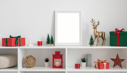 Amazing composition on white design shelf with christmas decoration, lights, gifts, lanterns ,deer, candles, stars, white corduroy sofa and stool. Santa claus is coming. Home decor. Template