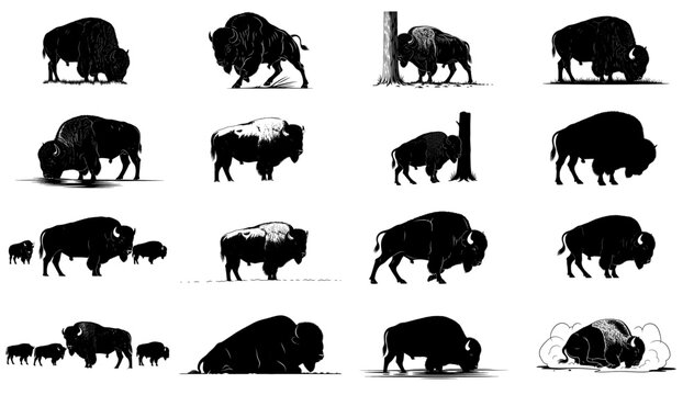 heartbeat of the plains a graphic study of american bison silhouettes set, isolated on transparent background