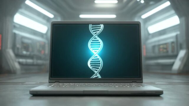 Laptop Displaying DNA Helix in Futuristic Laboratory Environment with Sleek Design and Modern Aesthetics 4k video footage