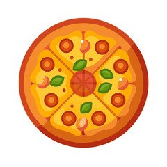 Stylized flat vector pizza with pepperoni and basil leaves