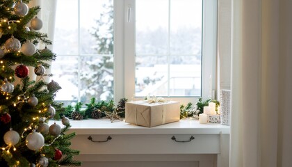 Christmas composition on the vintage shelf in the living room interior with beautiful decoration, big window, christmas tree, candles, stars, gifts, light and elegant accessories. Template