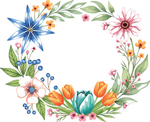 Elegant Watercolor Flower Wreath Vector Illustration Featuring Tulips, Daisies, and Berries for Spring Cards, Wedding Invitations, and Botanical Circular Frames