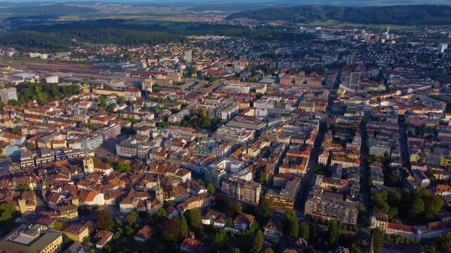Aerial panorama view around the old town of Biel/Bienne in Switzerland on a sunny day in summer.