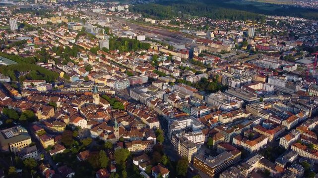 Aerial panorama view around the old town of Biel/Bienne in Switzerland on a sunny day in summer.