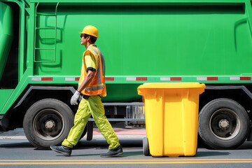 Worker pushes yellow trash bin next to green garbage truck on city street during daytime