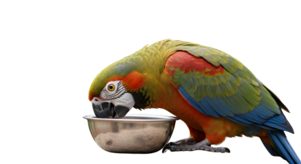 Colorful parrot drinks from bowl on white background