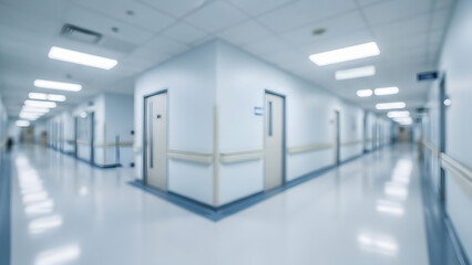 Fototapeta premium Blurred photo of a bright and clean hospital corridor interior with modern medical facility design and sterile white lighting