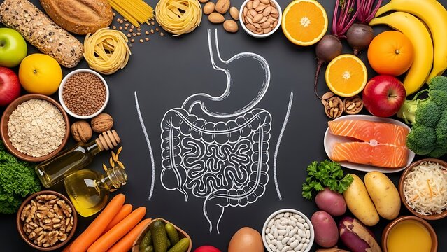 Digestive System Illustration Surrounded By Healthy Foods And Nutrients human body