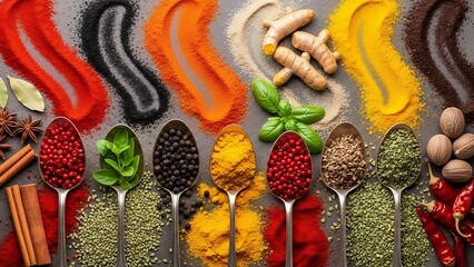 Colorful Spices and Herbs Arranged on a Gray Surface with Spoons arrangement gray background