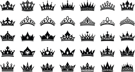 Large Vector Set of Royal Crown and Elegant Tiara Silhouettes in Black, Representing Royalty, Success, Monarchy, and Luxury, Perfect for Logos or Decorations © MstMukta