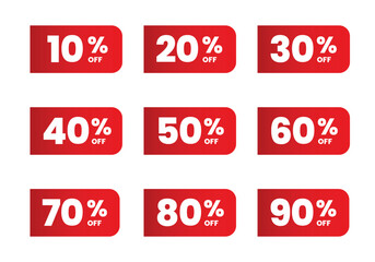 Set Special offer discount label with different value percent off. 50, 10, 20, 30, 40, 60, 70, 80, 90 percentage vector illustration