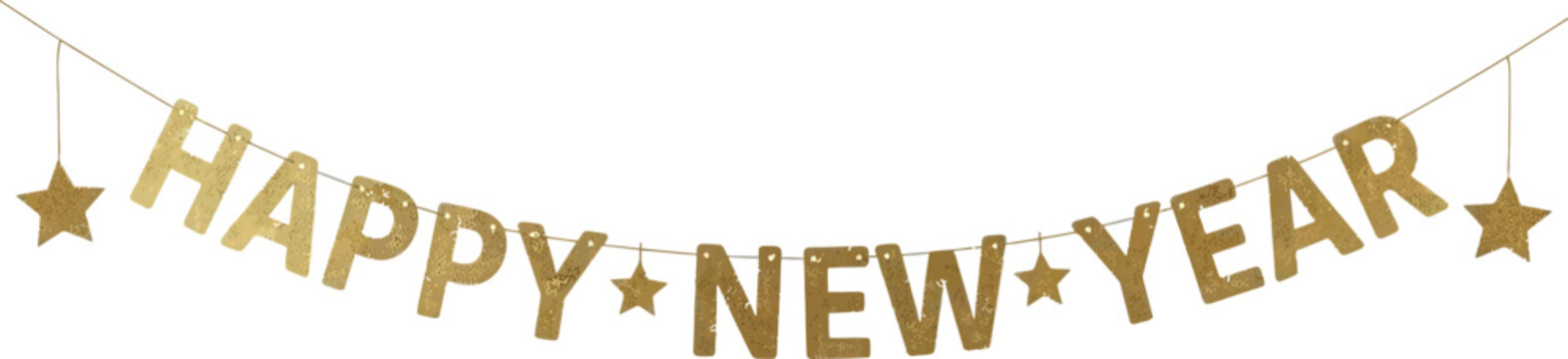 Golden happy new year banner decoration hanging on white background