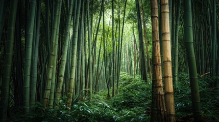 Fototapeta premium A dense forest filled with tall, green bamboo trees. The sunlight filters through the leaves, creating a serene and peaceful atmosphere. The forest is teeming with life. The air is fresh and crisp