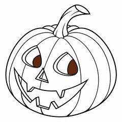 A simple black and white line drawing of a happy jack o lantern with brown eyes and a carved spooky face perfect for halloween decorations and crafts