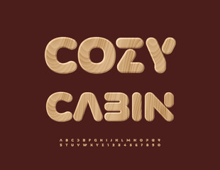 Vector Natural concept Cozy Cabin. Tree pattern Font. Set of Wooden Alphabet Letters and Numbers