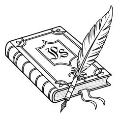 A vintage black and white illustration of an ornate closed book with a feather quill pen resting on its cover symbolizing writing and knowledge