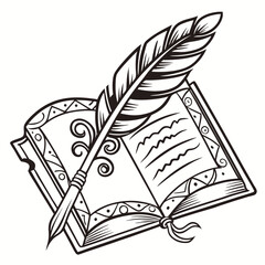 An open book with decorative borders and a quill pen resting on its pages symbolizing writing literature and creativity