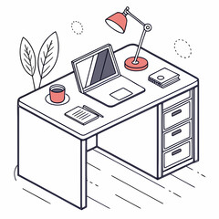 A clean and modern isometric illustration of a home office desk setup featuring a laptop desk lamp notebook pen coffee cup and a plant perfect for remote work or study