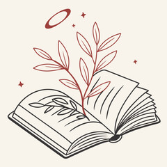 An open book with a red branch and leaves growing from its pages symbolizing knowledge and growth with a red halo and stars above