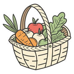 A charming hand drawn illustration of a woven basket overflowing with fresh ripe fruits and vegetables including apples carrots and leafy greens on a white background