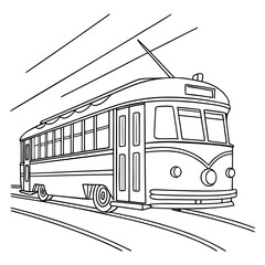 A classic black and white line drawing of a vintage streetcar or tram moving along its tracks with overhead power lines visible against a white background