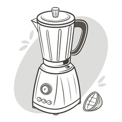 A stylized black and white illustration of a modern kitchen blender with a large pitcher and control panel accompanied by a sliced citrus fruit and abstract leaf shapes