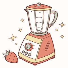 A charming cartoon illustration of a retro style red and yellow blender with a strawberry and sparkling stars perfect for healthy eating and kitchen themes