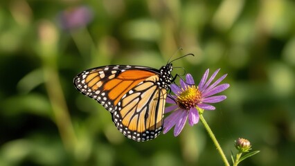 Naklejka premium Monarch butterfly feeding on purple flower in soft sunlight